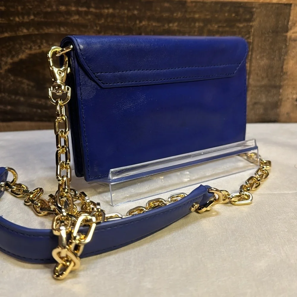 Tory Burch Blue Leather Mini Crossbody with Pink Bow and Gold Chain